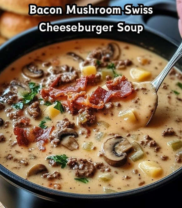 Bacon Mushroom Swiss Cheeseburger Soup