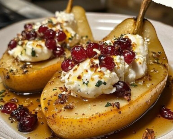 Baked Pears with Goat Cheese, Honey, and Cranberries