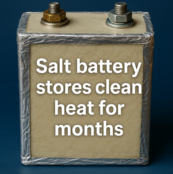 Salt battery stores clean heat for months