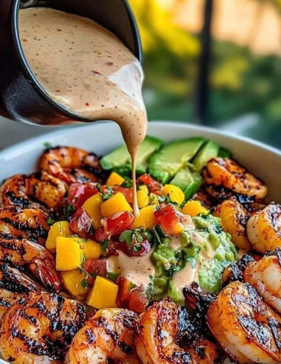 Shrimp and Avocado Bowls with Mango Salsa and Lime Chili Sauce