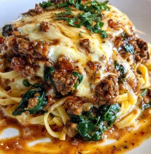 Garlic Butter Linguine with Cheesy Beef and Italian Sausage