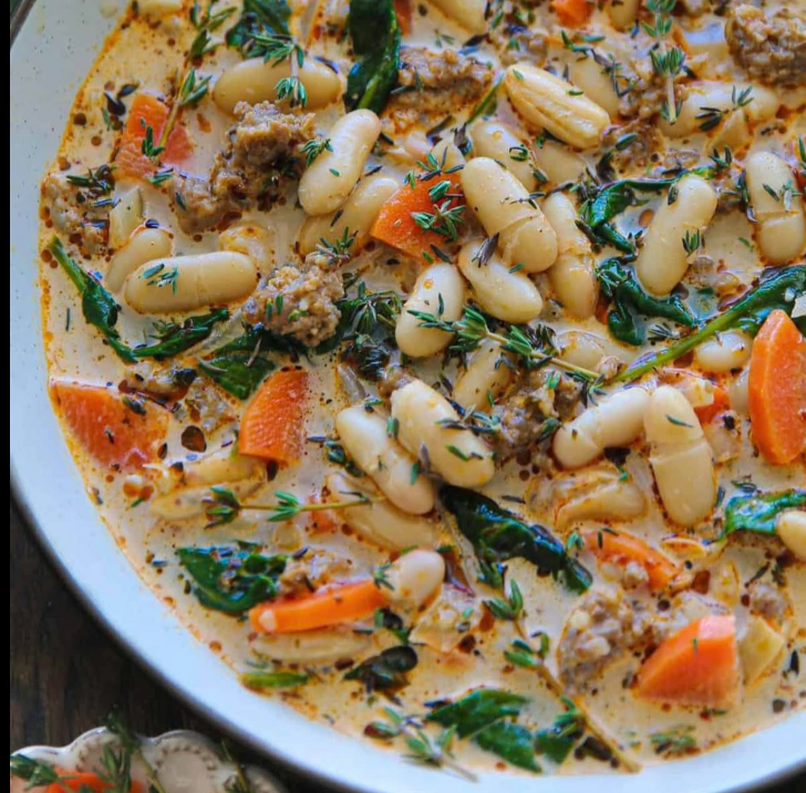 Italian Sausage White Bean Soup with Spinach and Carrots. 30 minutes, ONE-POT