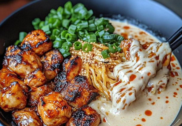 Fiery Chicken Ramen with Creamy Garlic Sauce