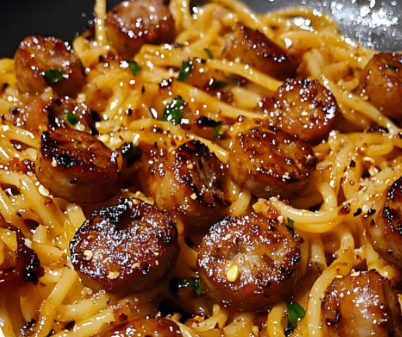 Sticky Honey Garlic Sausage Pasta Skillet