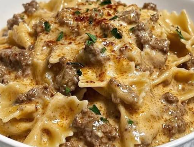 Creamy Parmesan Garlic Beef Bowtie Pasta