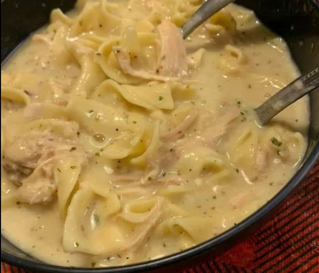Canned chicken, one cup of milk, 1/2 bag of eggs noodles